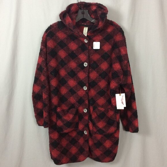 Jessica Simpson Fleece Long Cardigan Robe Buffalo Plaid Hooded Red Cozy Chic S - Picture 1 of 5
